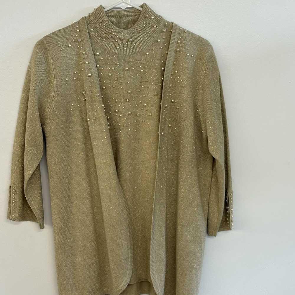 Susan Graver Style Gold Metallic Pearl Embellished Sweater Twin Set Small